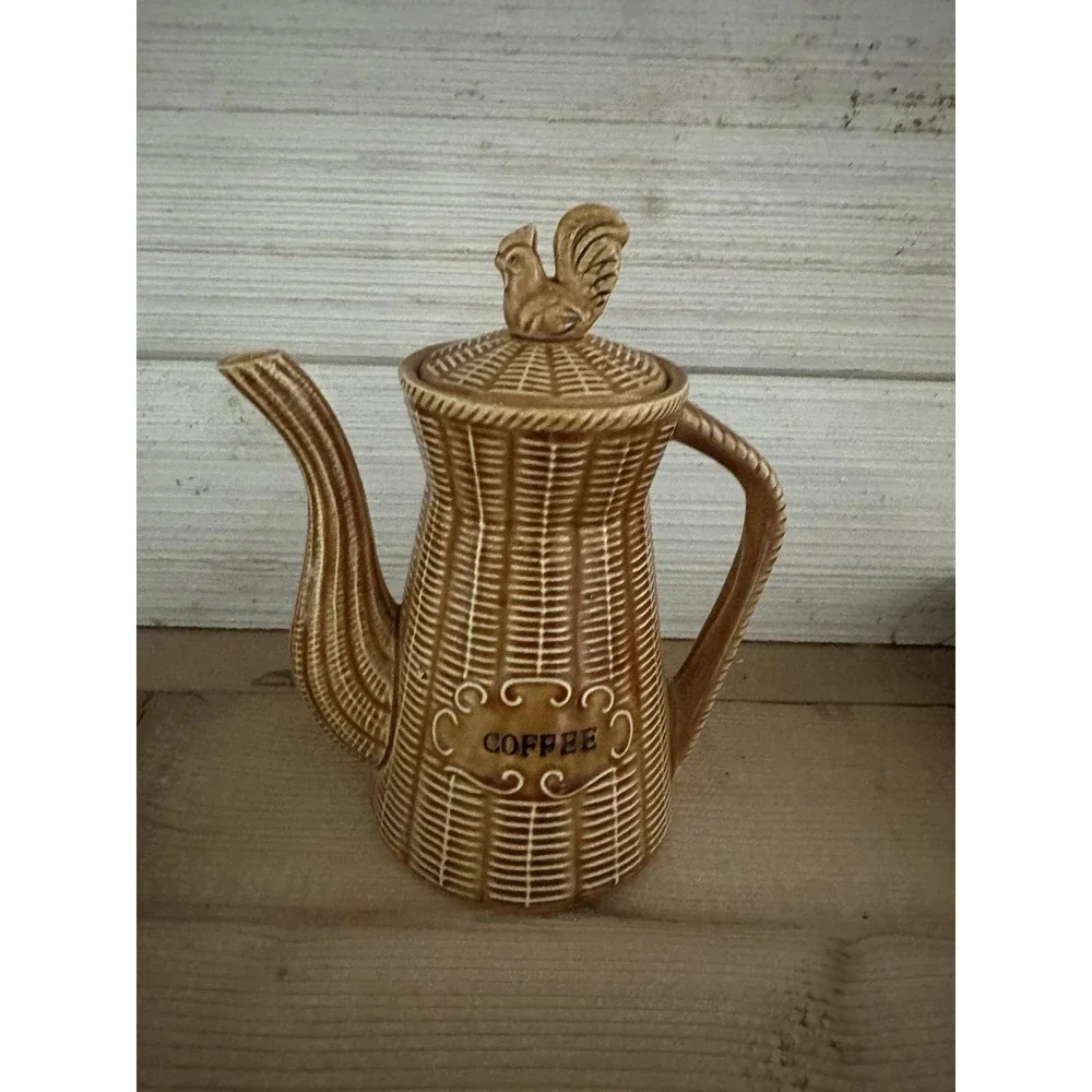 Vintage 1950s Rooster Coffee Tea Pot Basket Weave Wicker Japan Brown Ceramic